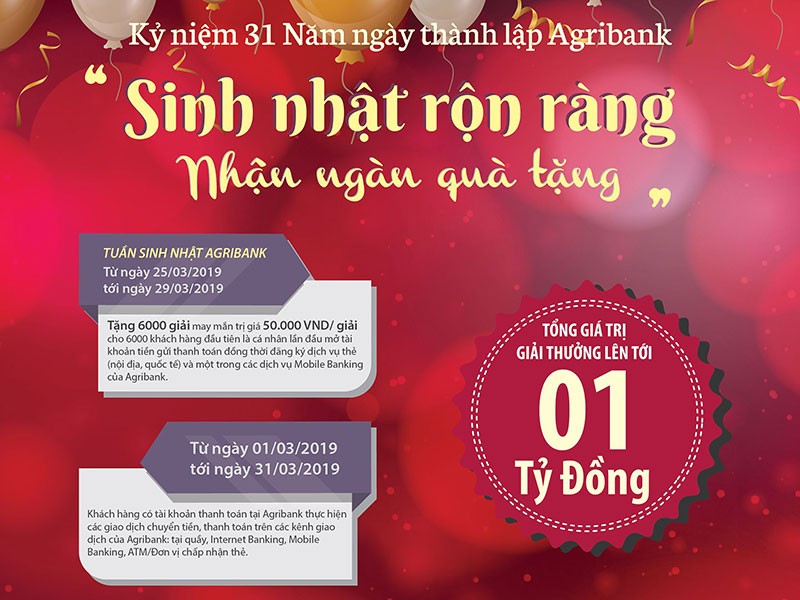 Agribank dành 1 tỷ đồng tri ân đến khách hàng nhân dịp 31 năm ngày thành lập