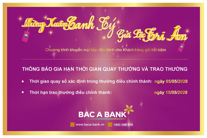 BAC A BANK điều chỉnh lịch quay thưởng và trao thưởng chương trình “Mừng Xuân Canh Tý - Gửi lộc tri ân”