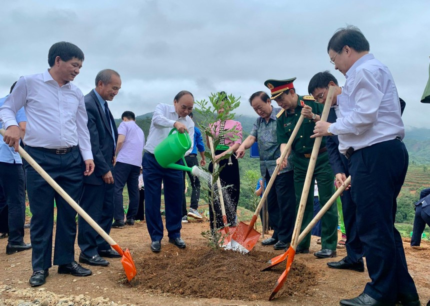 Chủ tịch nước Nguyễn Xuân Phúc tham gia trồng vườn cây mắc ca tại xã Nà Nhạn (Thành phố Điện Biên Phủ, tỉnh Điện Biên)