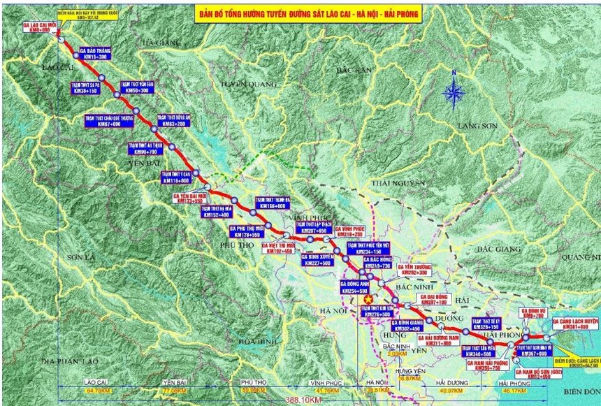 Bản đồ tổng thể hướng tuyến đường sắt Lào Cai - Hà Nội - Hải Phòng.