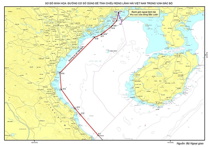 Sơ đồ minh họa đường cơ sở dùng để tính chiều rộng lãnh hải Việt Nam trong Vịnh Bắc Bộ. Nguồn: Bộ Ngoại giao 