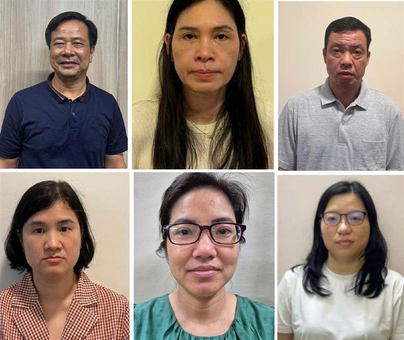 Vợ chồng Nghiêm Quốc Hưng (phía trên bên trái) và các đồng phạm bị khởi tố. Ảnh: BCA