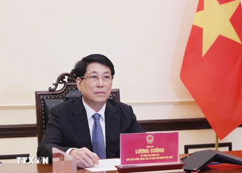 Chủ tịch nước Lương Cường điện đàm với Tổng thống Hàn Quốc Lee Jae Myung. Ảnh: TTXVN