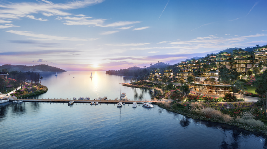 Bến du thuyền tại Flamingo Yacht Club dưới ánh hoàng hôn