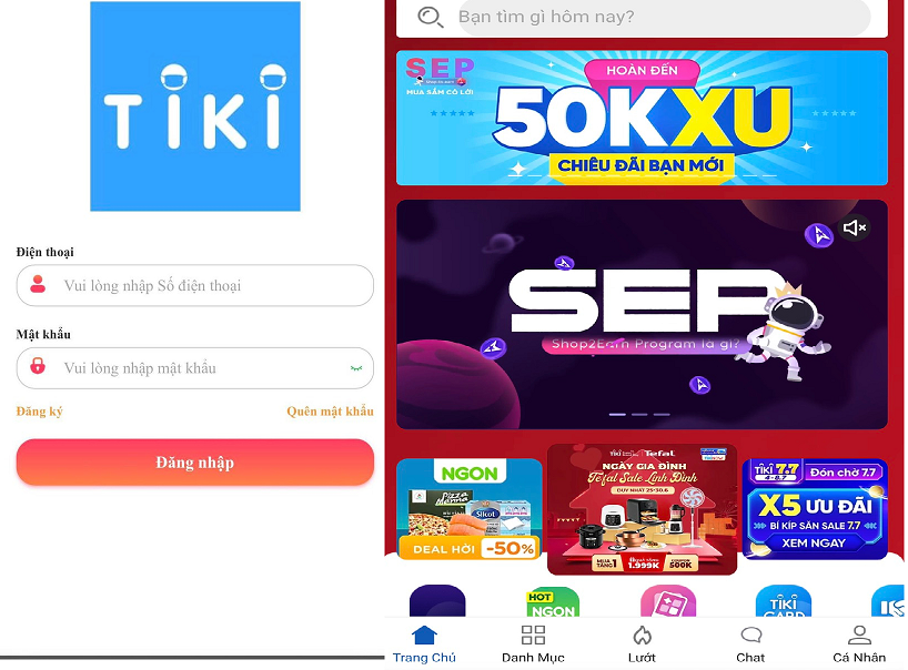 Giao diện trang Tiki giả (trái) và trang Tiki thật (phải) (Nguồn: Bộ Công an).