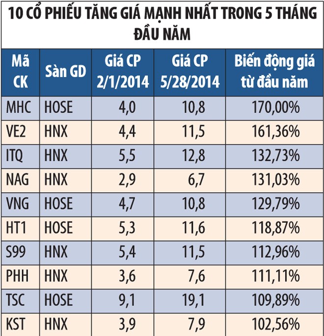 Những cổ phiếu tăng mạnh nhất 5 tháng 