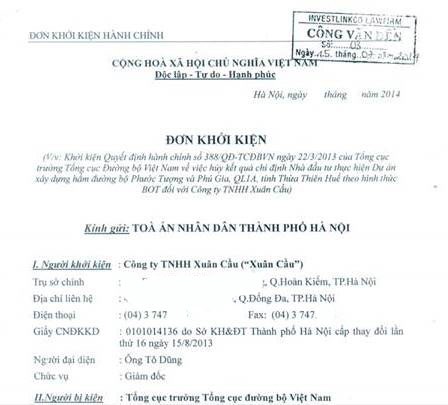 Đơn khởi kiện của Công ty Xuân Cầu đối với Tổng cục Đường bộ Việt Nam