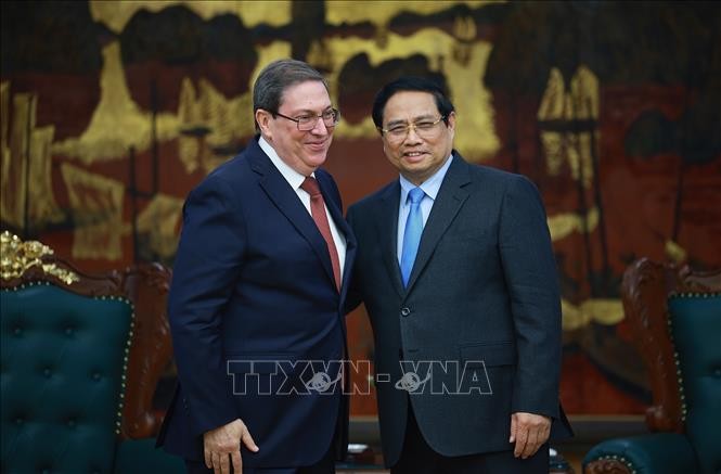 Thủ tướng Phạm Minh Chính tiếp đồng chí Bruno Rodríguez Parrilla, Ủy viên Bộ Chính trị, Đặc phái viên Đảng, Chính phủ Cuba, Bộ trưởng Bộ Ngoại giao Cuba. Ảnh: Dương Giang/TTXVN