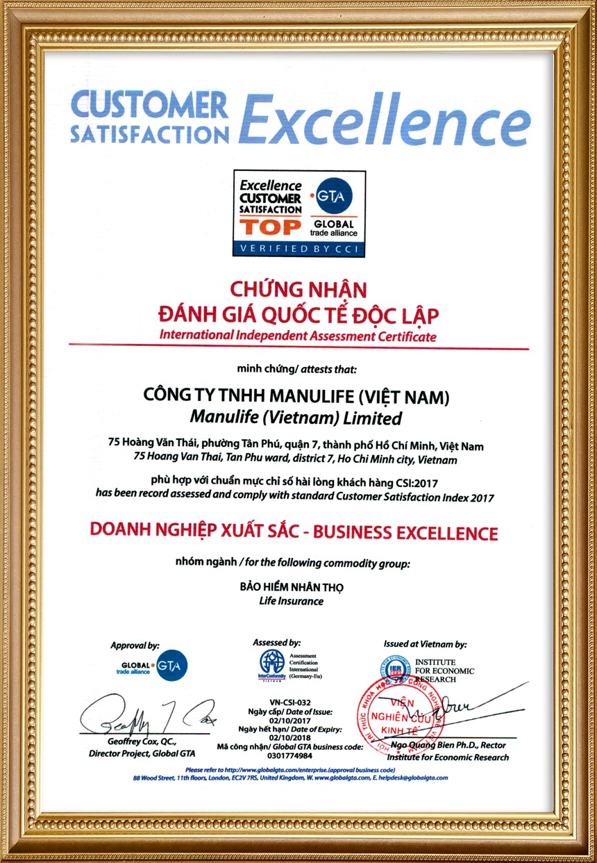 Manulife được trao chứng nhận "Doanh nghiệp xuất sắc về chỉ số hài lòng khách hàng"