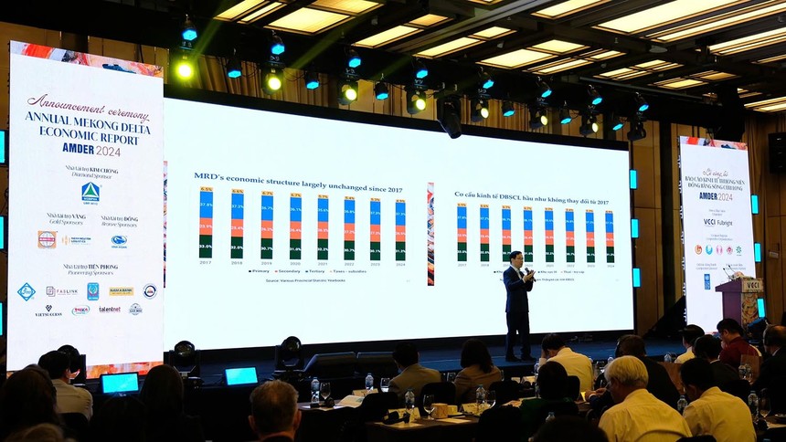 TS. Vũ Thành Tự Anh chỉ ra cơ cấu kinh tế ĐBSCL hầu như không thay đổi từ năm 2017. Ảnh: Trọng Tín