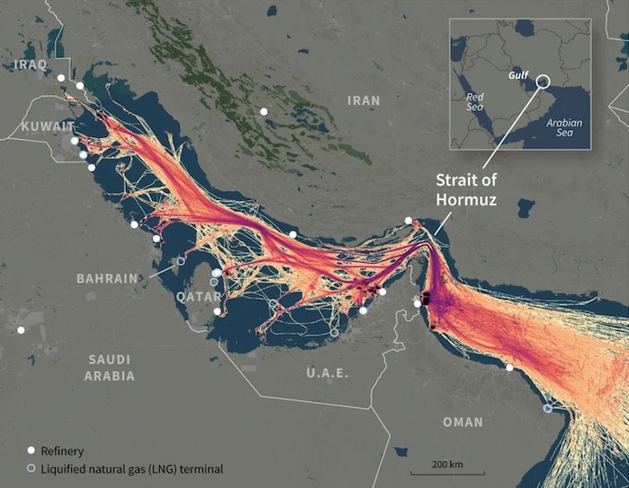 Bản đồ Vịnh Ba Tư và Eo biển Hormuz cho thấy lưu lượng tàu chở dầu đi qua khu vực này vào tháng 9/2024. Nguồn: AFP
