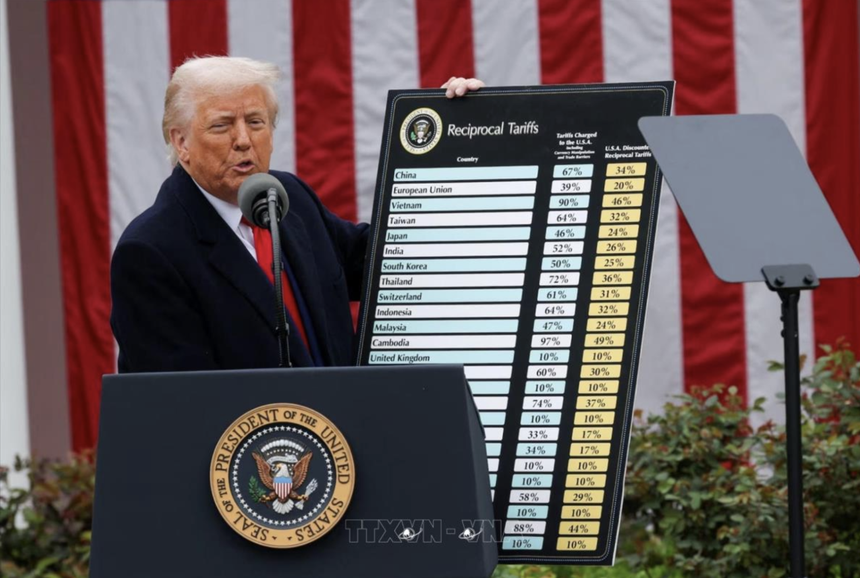 Tổng thống Mỹ Donald Trump công bố các mức thuế đối ứng mới tại Nhà Trắng, ngày 2/4/2025. Ảnh: Reuters/TTXVN