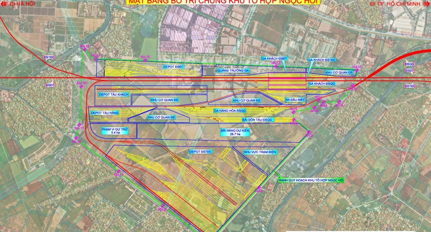 Bố trí tổng thể mặt bằng tổ hợp ga đường sắt Ngọc Hồi - TP. Hà Nội. 