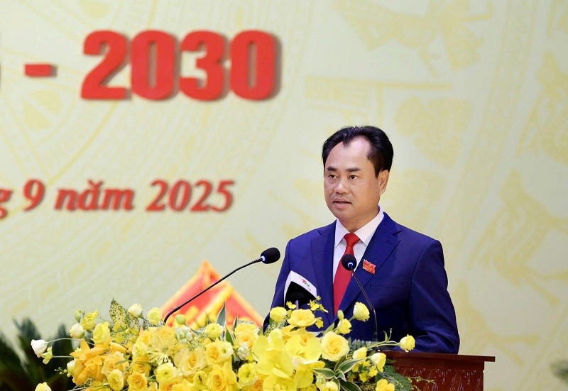 Ông Trịnh Việt Hùng, Ủy viên dự khuyết Trung ương Đảng, Bí thư Tỉnh ủy Thái Nguyên phát biểu tại Đại hội 