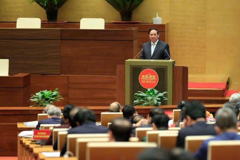 Thủ tướng Phạm Minh Chính báo cáo tại Hội nghị. Ảnh: VGP.