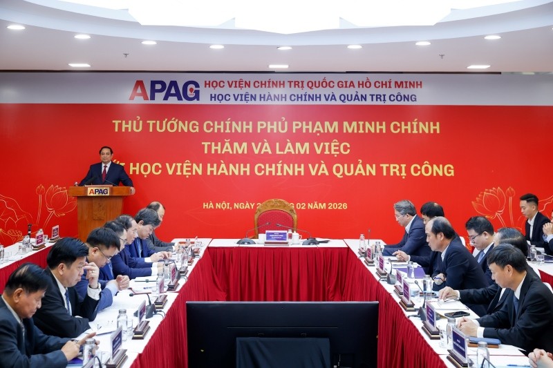 Thủ tướng ghi nhận, đánh giá cao những thành tựu của Học viện trong gần 70 năm qua và biểu dương sự nỗ lực của Học viện sau 01 năm hoạt động theo mô hình tổ chức mới - Ảnh: VGP.