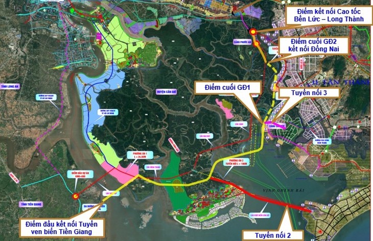 Sơ đồ hướng tuyến đường ven biển phía Nam đoạn qua TP.HCM - Nguồn TEDI
