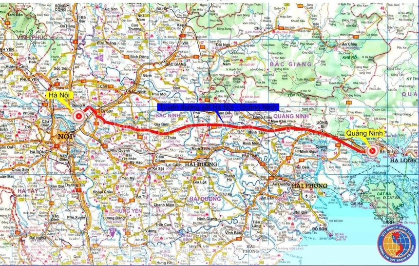 Bản đồ hướng tuyến đường sắt tốc độ cao Hà Nội - Quảng Ninh.