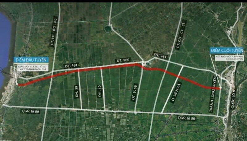 Dự án đường kết nối Rạch Giá - Long Xuyên có điểm đầu tại nút giao Lạc Hồng, phường Rạch Giá và điểm cuối kết nối vào tuyến tránh Long Xuyên, tổng chiều dài tuyến hơn 53 km.