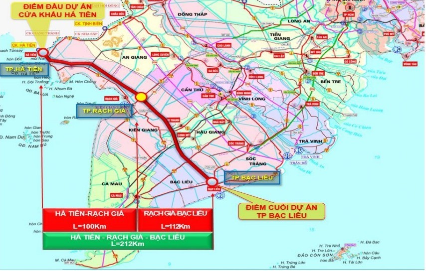 Hướng tuyến dự kiến của Dự án đầu tư xây dựng đường cao tốc Hà Tiên - Rạch Giá - Bạc Liêu.