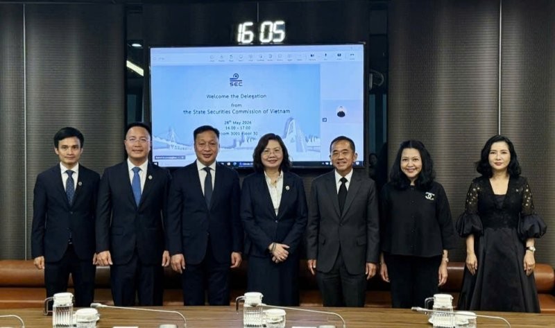 Bà Vũ Thị Chân Phương, Chủ tịch UBCKNN (thứ tư, từ phải sang) và ông Wisit Wisitsora-at, Chủ tịch SEC Thái Lan (thứ ba, từ phải sang) tại buổi làm việc 
