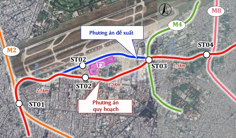 Phương án điều chỉnh hướng tuyến đi qua các nhà ga sân bay Tân Sơn Nhất - Ảnh: MAUR 