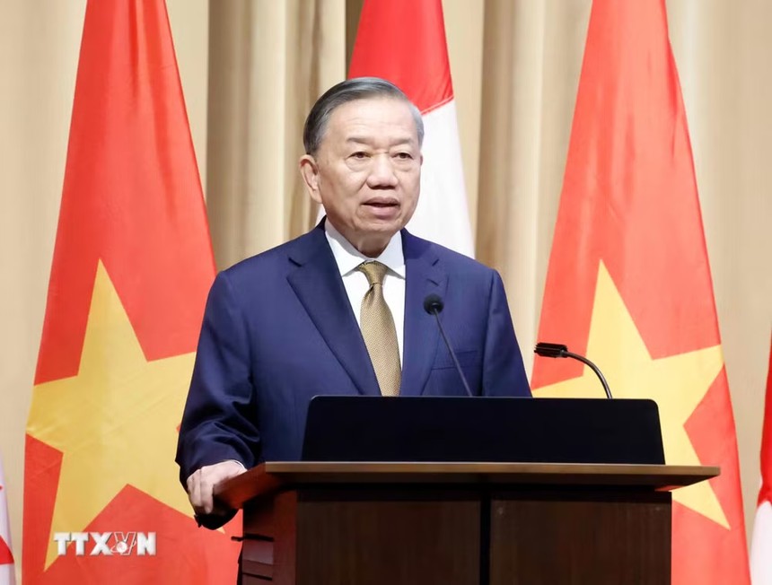 Tổng Bí thư, Chủ tịch nước Tô Lâm phát biểu chính sách "Quan hệ đối tác chiến lược Việt Nam – Canada trong bối cảnh thế giới đầy biến động”. (Ảnh: Thống Nhất/TTXVN)