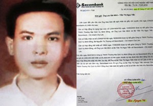 Nguyễn Hoàng Ngân bị Công an TP.HCM truy nã về hành vi lừa đảo chiếm đoạt tài sản (ảnh trái). Văn bản Ngân hàng Sacombank đề nghị ông M. trả khoản nợ vay 2,8 tỷ đồng cùng lãi suất