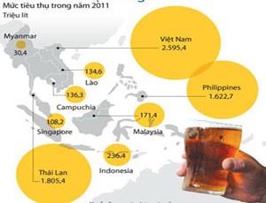 Theo khảo sát của Euromonitor International, Việt Nam tiêu thụ bia hàng đầu Đông Nam Á với gần 2,6 tỷ lít (năm 2011)

