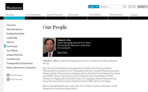 Giới thiệu về ông Chinh E. Chu trên website của Blackstone - Ảnh chụp từ màn hình